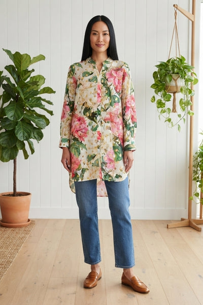 Metallic Floral Longline Relaxed Shirt| MULTI_CREAM