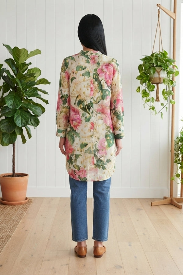 Metallic Floral Longline Relaxed Shirt| MULTI_CREAM