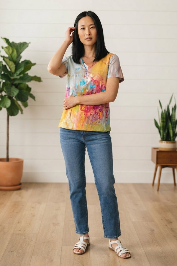 Abstract Short Sleeve V-Neck Top| MULTI BLUE
