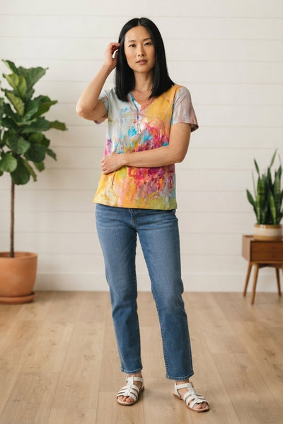 Abstract Short Sleeve V-Neck Top| MULTI BLUE