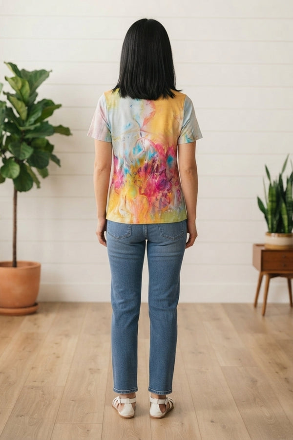Abstract Short Sleeve V-Neck Top| MULTI BLUE