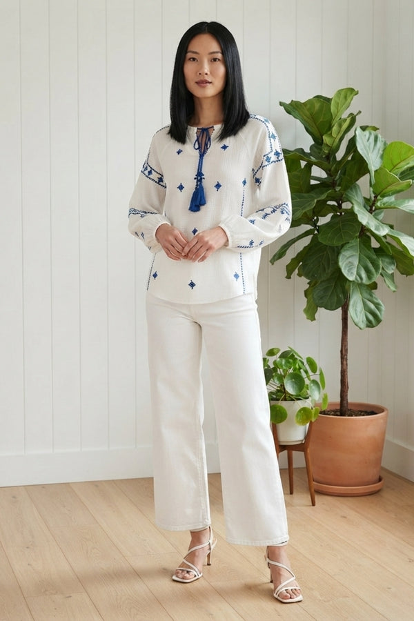 Embroidered Detail Tassel Front Blouse| WHITE