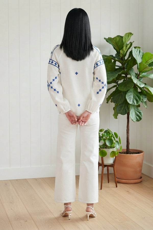 Embroidered Detail Tassel Front Blouse| WHITE