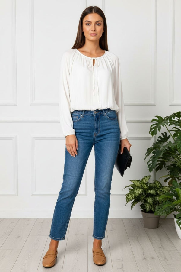 Tie Neck Long Sleeve Floaty Ruched Shirt