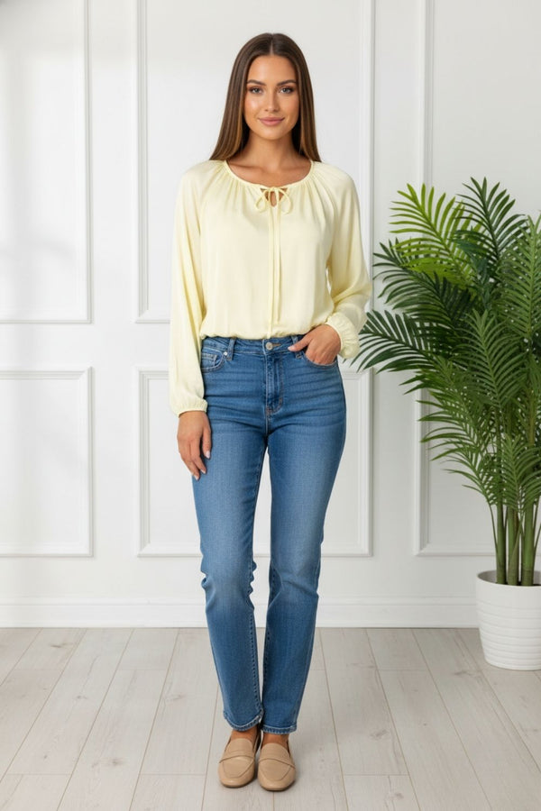 Tie Neck Long Sleeve Floaty Ruched Shirt