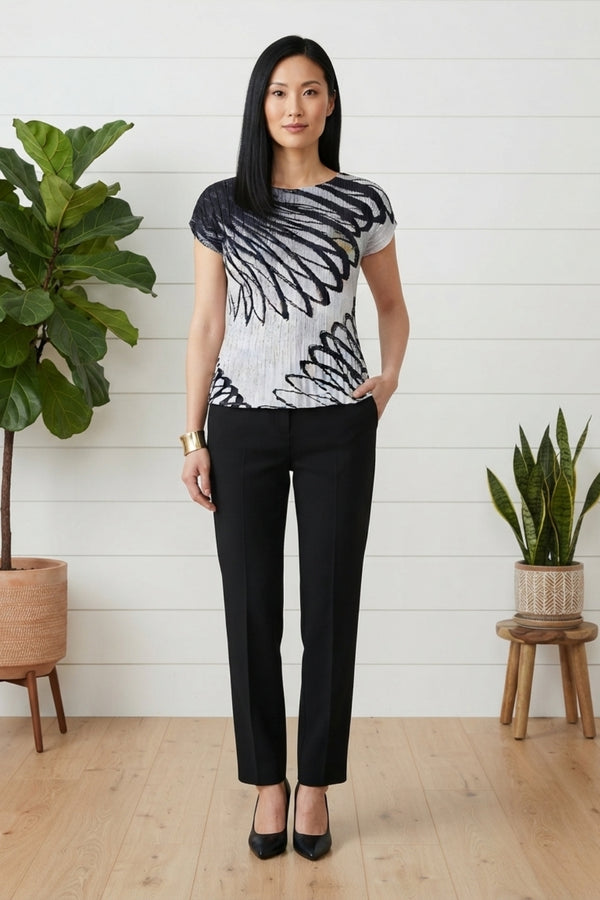 Abstract Pleat Texture Short Sleeve Top| MULTI BLACK