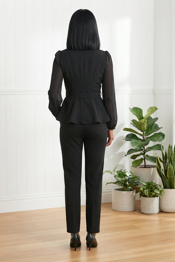 Semi Sheer Long Sleeve Peplum Blouse| BLACK