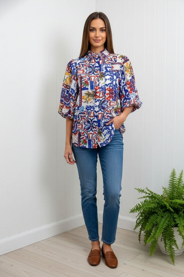 Abstract 1/2 Puff Sleeve Boxy Shirt