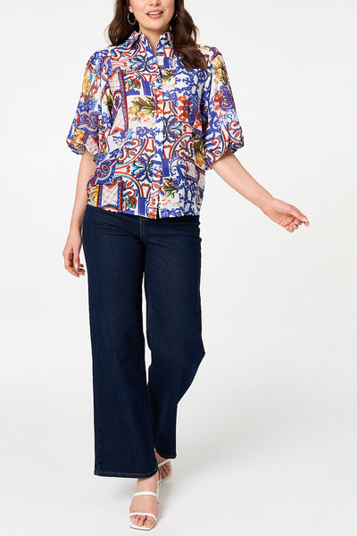 Abstract 1/2 Puff Sleeve Boxy Shirt| MULTI WHITE