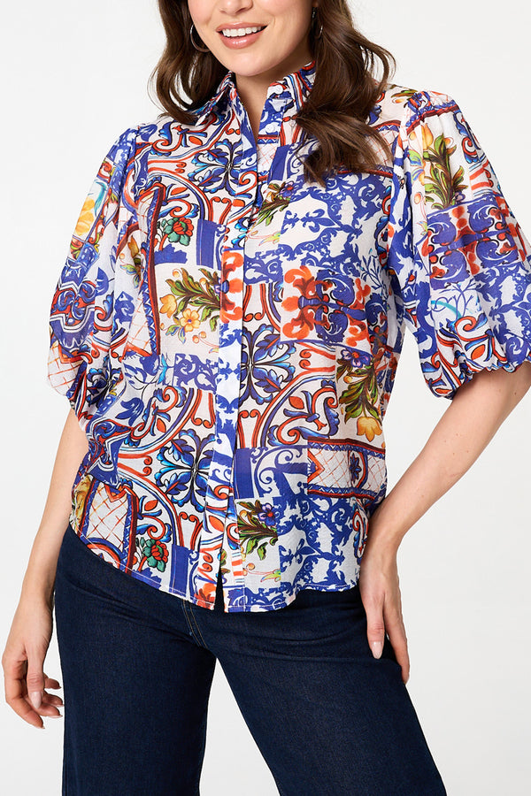 Abstract 1/2 Puff Sleeve Boxy Shirt| MULTI WHITE