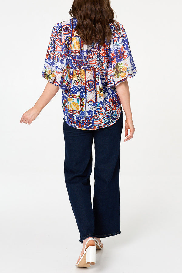 Abstract 1/2 Puff Sleeve Boxy Shirt| MULTI WHITE