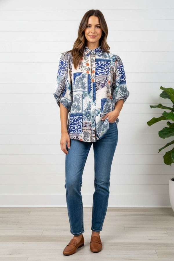 Patchwork Print 1/2 Puff Sleeve Shirt