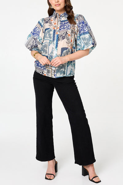 Patchwork Print 1/2 Puff Sleeve Shirt| BLUE