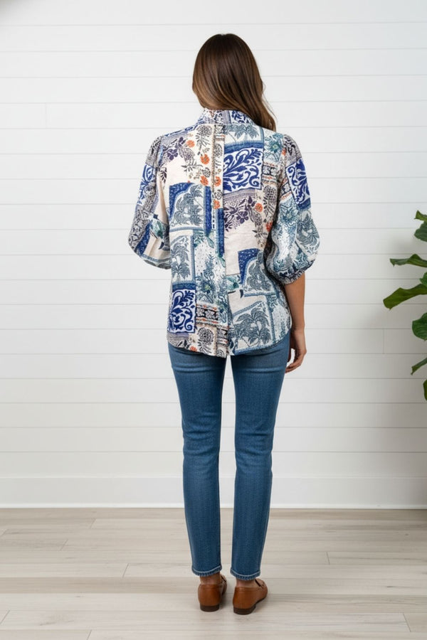 Patchwork Print 1/2 Puff Sleeve Shirt