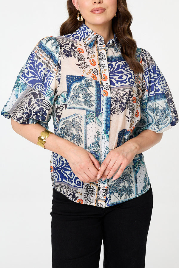Patchwork Print 1/2 Puff Sleeve Shirt| BLUE