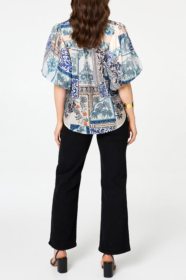 Patchwork Print 1/2 Puff Sleeve Shirt| BLUE