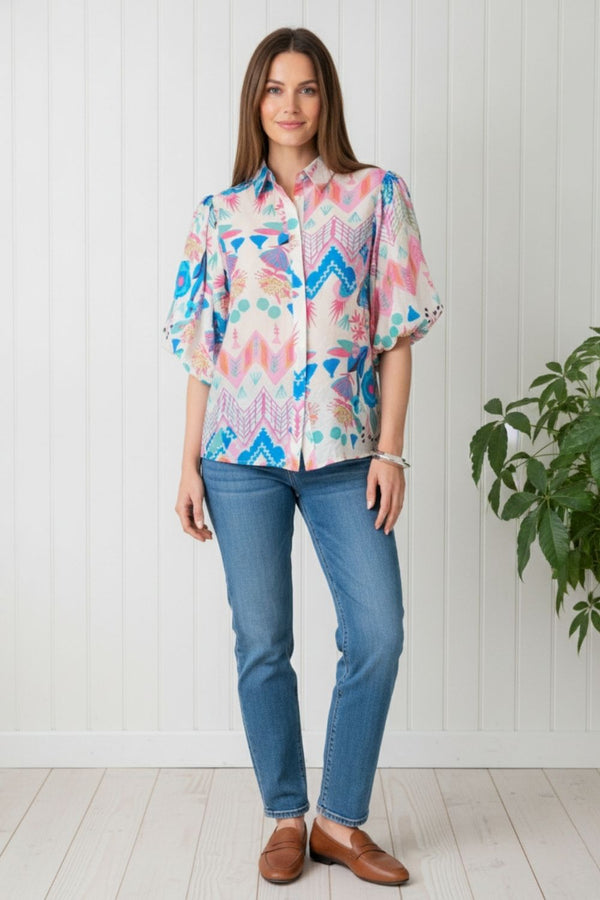 Abstract 1/2 Puff Sleeve Shirt | BLUE