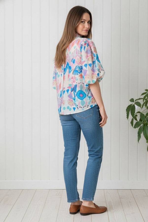 Abstract 1/2 Puff Sleeve Shirt | BLUE