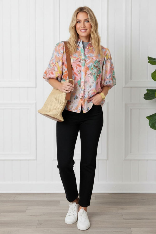 Printed 1/2 Puff Sleeve Boxy Shirt | MULTI_PINK