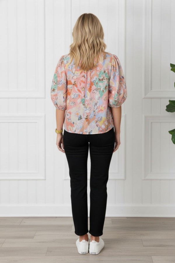 Printed 1/2 Puff Sleeve Boxy Shirt | MULTI_PINK
