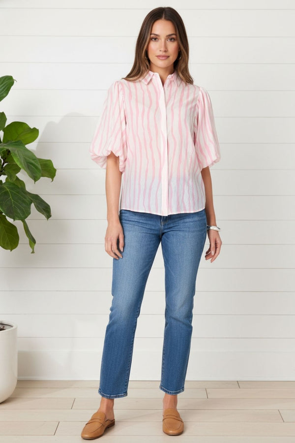 Striped 1/2 Puff Sleeve Relaxed Shirt| PINK