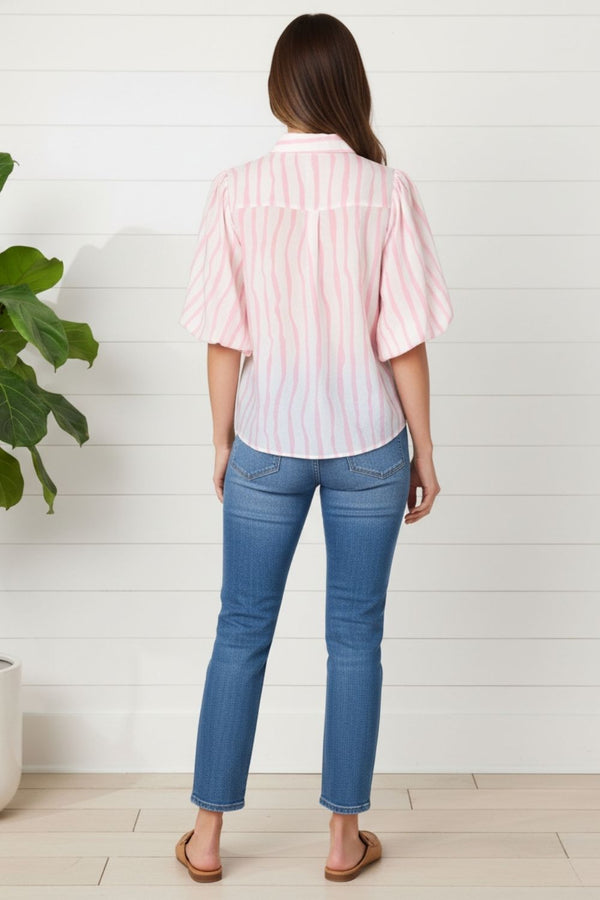 Striped 1/2 Puff Sleeve Relaxed Shirt| PINK