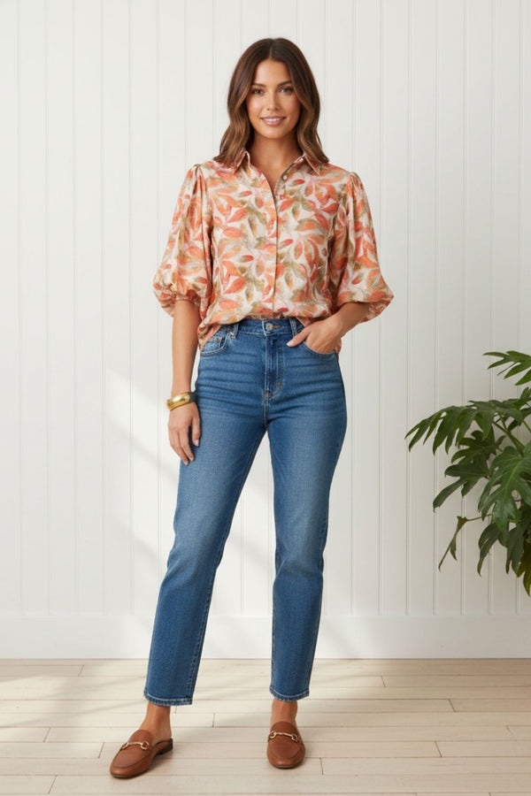 Leaf Print 1/2 Puff Sleeve Boxy Shirt