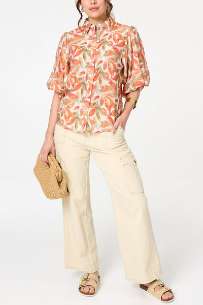Leaf Print 1/2 Puff Sleeve Boxy Shirt| ORANGE