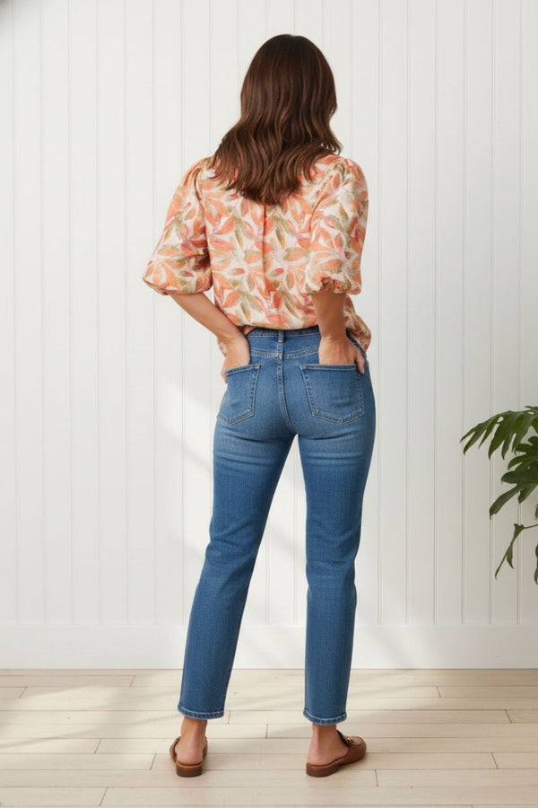 Leaf Print 1/2 Puff Sleeve Boxy Shirt
