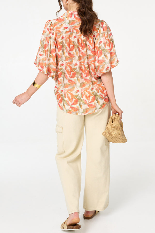 Leaf Print 1/2 Puff Sleeve Boxy Shirt| ORANGE