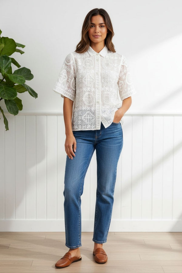 Sequin Embroidered Short Sleeve Shirt| WHITE