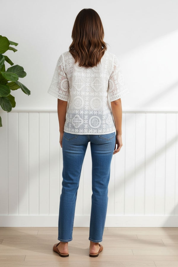 Sequin Embroidered Short Sleeve Shirt| WHITE