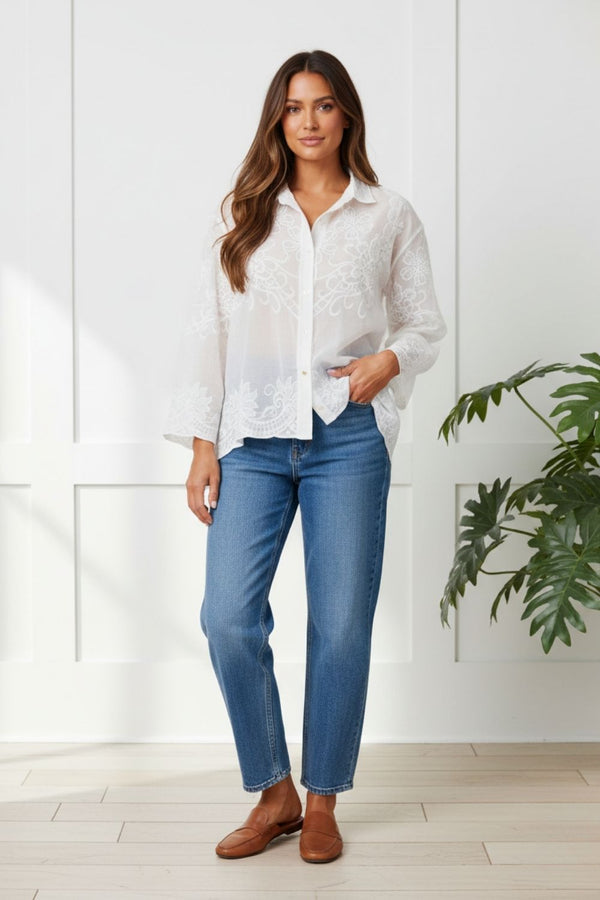 Embroidered Long Sleeve Sparkly Shirt| WHITE