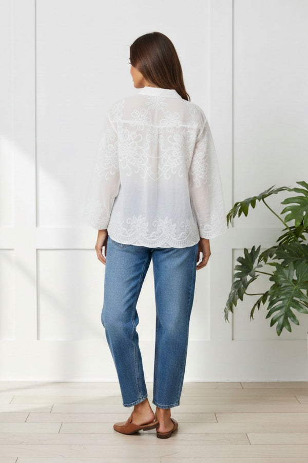 Embroidered Long Sleeve Sparkly Shirt| WHITE