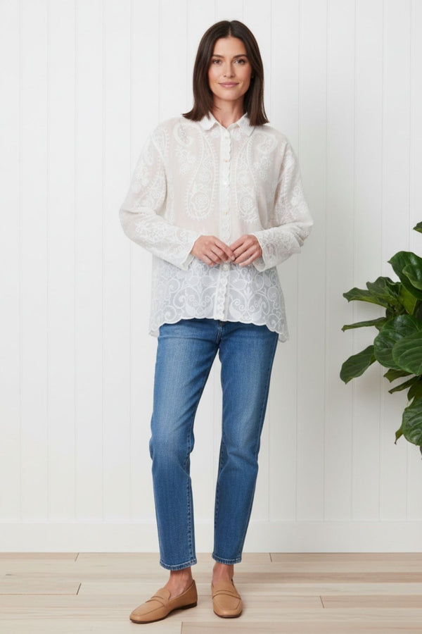 Embroidered Sparkly Long Sleeve Shirt| WHITE