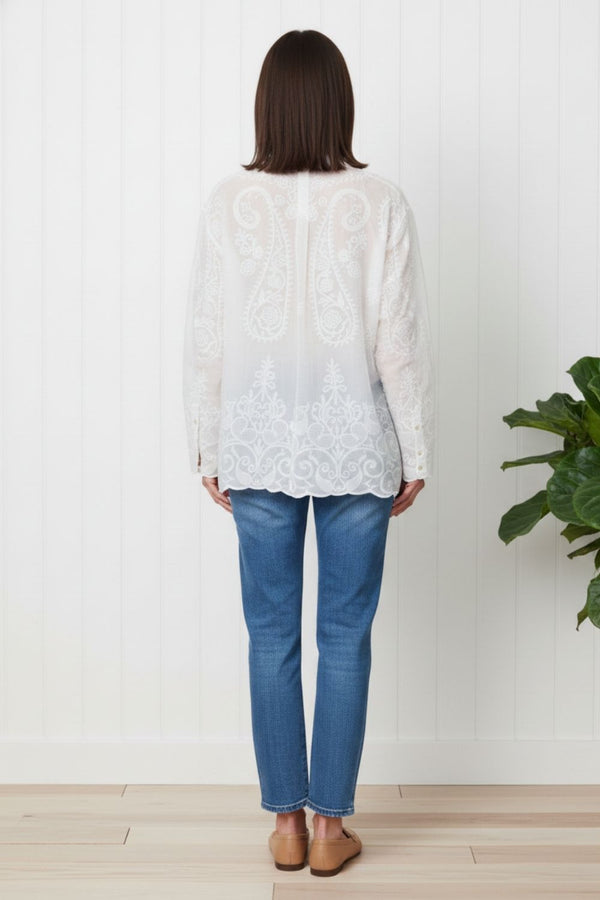 Embroidered Sparkly Long Sleeve Shirt| WHITE