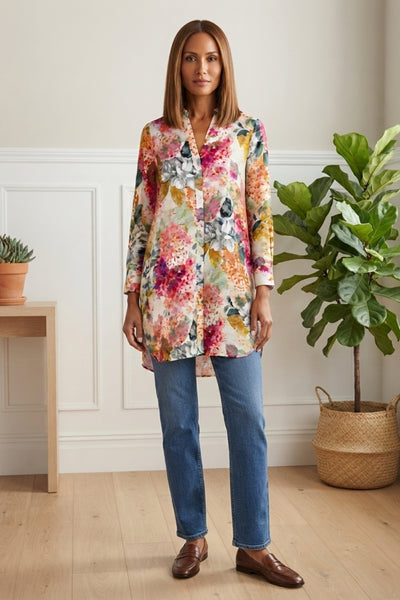 Floral Longline Relaxed V-Neck Shirt| MULTI_PINK
