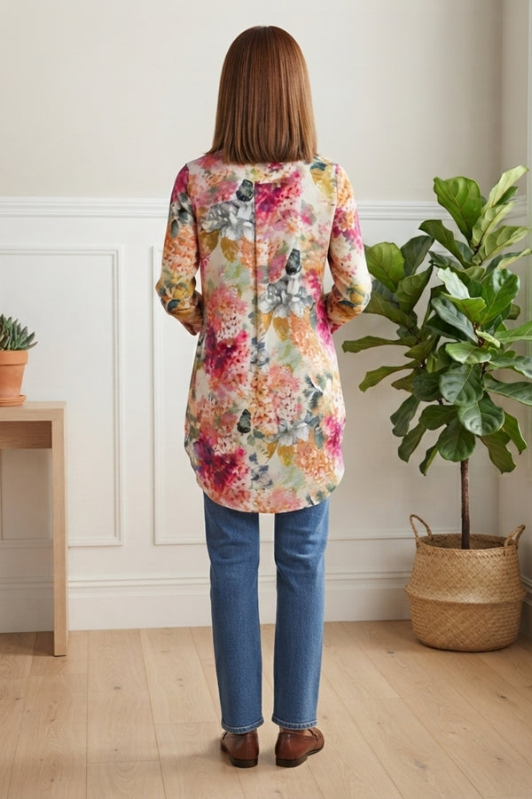 Floral Longline Relaxed V-Neck Shirt| MULTI_PINK