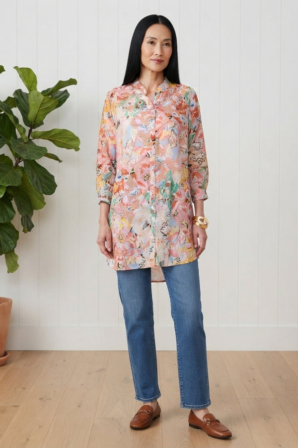 Floral Long Sleeve Longline Shirt| MULTI_PINK