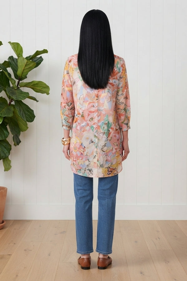 Floral Long Sleeve Longline Shirt| MULTI_PINK