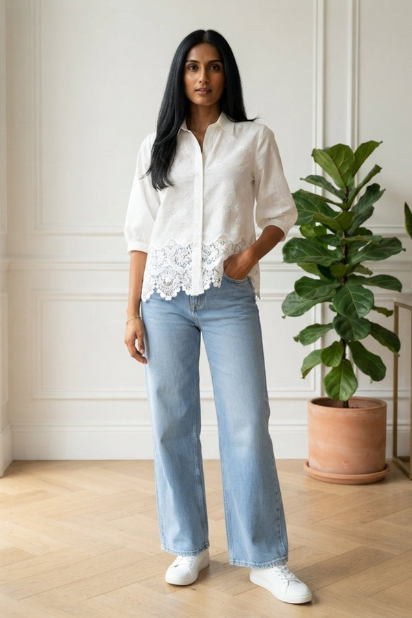 Lace Textured 1/2 Sleeve Collared Shirt| WHITE
