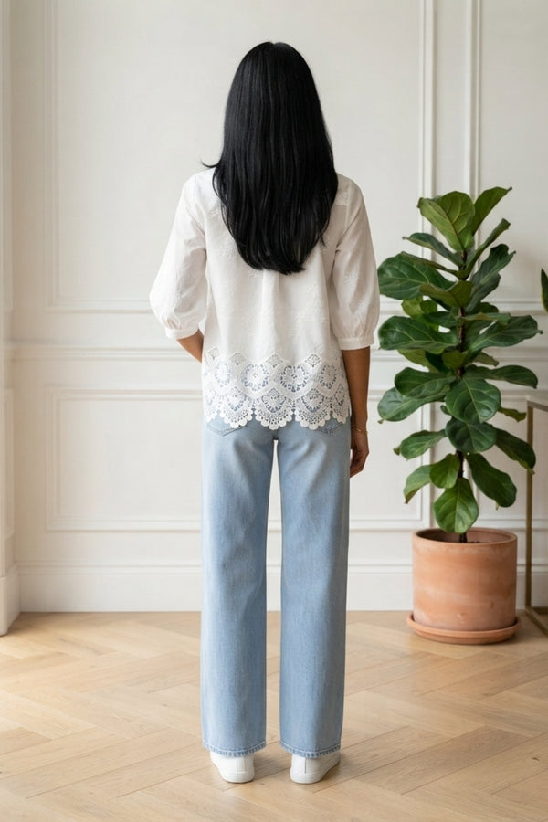 Lace Textured 1/2 Sleeve Collared Shirt| WHITE