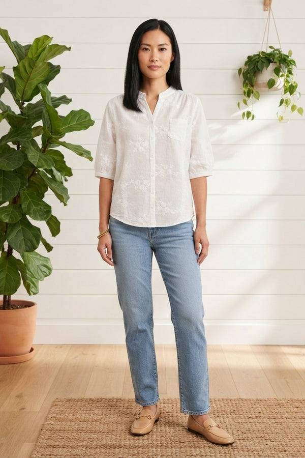Embroidered 1/2 Sleeve Boxy Shirt| WHITE