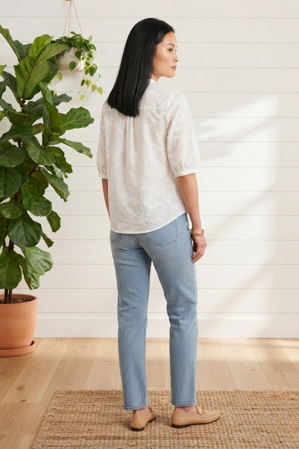 Embroidered 1/2 Sleeve Boxy Shirt| WHITE