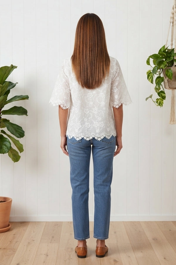 Floral Lace Texture 1/2 Sleeve Blouse| WHITE