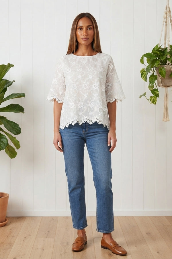 Floral Lace Texture 1/2 Sleeve Blouse| WHITE