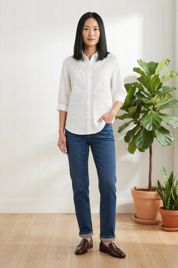 Sequin Embellished 3/4 Sleeve Shirt| WHITE