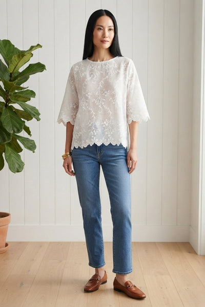 Floral Texture 3/4 Sleeve Relaxed Blouse| WHITE