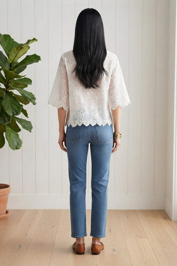 Floral Texture 3/4 Sleeve Relaxed Blouse| WHITE