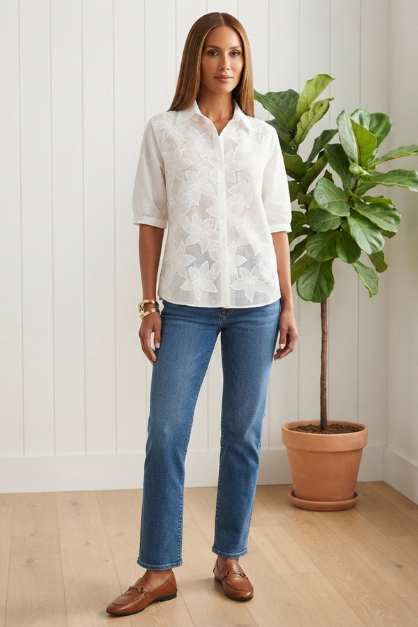 Floral Textured 1/2 Sleeve Shirt| WHITE